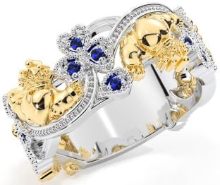 Sapphire White Yellow Gold Claddagh Shamrock Ring