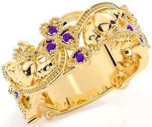 Amethyst Gold Claddagh Shamrock Ring