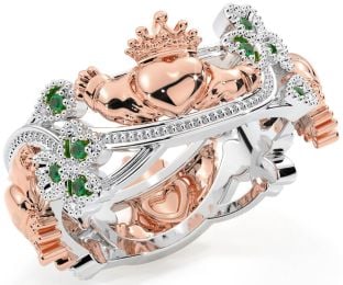 Emerald Rose Gold Silver Claddagh Shamrock Ring