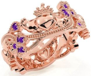 Amethyst Rose Gold Silver Claddagh Shamrock Ring