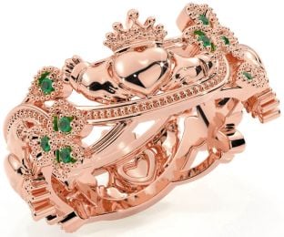 Emerald Rose Gold Silver Claddagh Shamrock Ring