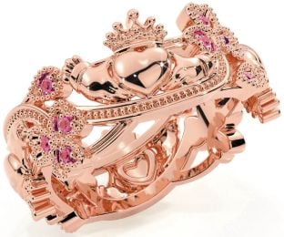 Pink Tourmaline Rose Gold Silver Claddagh Shamrock Ring