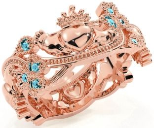 Aquamarine Rose Gold Claddagh Shamrock Ring