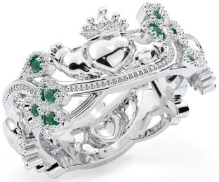 Emerald White Gold Claddagh Shamrock Ring