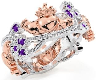 Amethyst White Rose Gold Claddagh Shamrock Ring