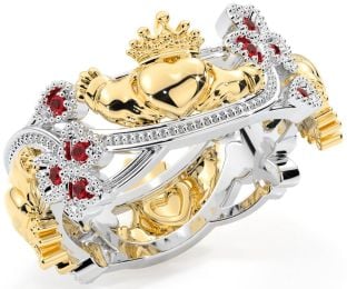 Ruby White Yellow Gold Claddagh Shamrock Ring