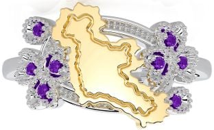 Amethyst Gold Silver Map of Ireland Shamrock Ring