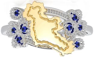 Sapphire Gold Silver Map of Ireland Shamrock Ring