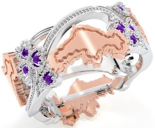 Amethyst Rose Gold Silver Map of Ireland Shamrock Ring