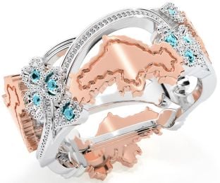 Aquamarine Rose Gold Silver Map of Ireland Shamrock Ring