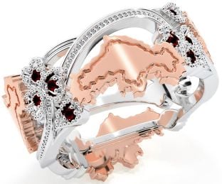 Garnet White Rose Gold Map of Ireland Shamrock Ring