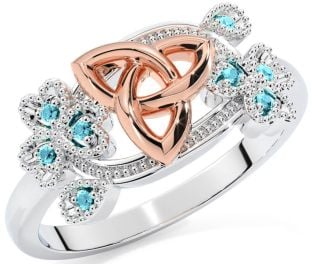 Aquamarine Rose Gold Silver Shamrock Celtic Trinity Knot Ring