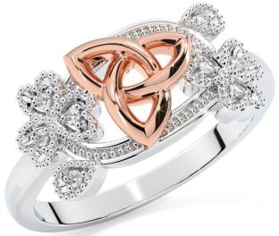 Diamond Rose Gold Silver Shamrock Celtic Trinity Knot Ring