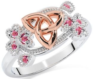 Pink Tourmaline Rose Gold Silver Shamrock Celtic Trinity Knot Ring