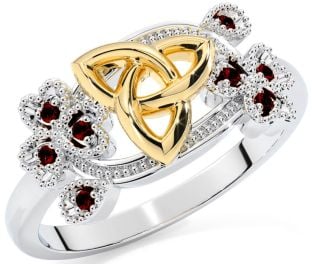 Garnet Gold Silver Shamrock Celtic Trinity Knot Ring