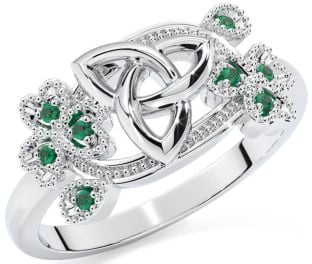 Emerald Silver Shamrock Celtic Trinity Knot Ring