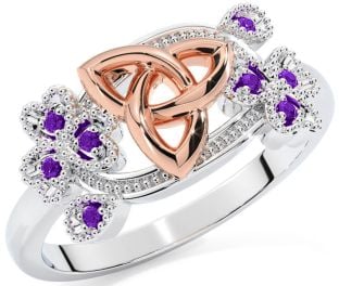 Amethyst Rose Gold Silver Shamrock Celtic Trinity Knot Ring