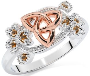 Citrine Rose Gold Silver Shamrock Celtic Trinity Knot Ring