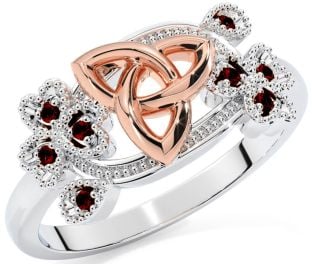 Garnet Rose Gold Silver Shamrock Celtic Trinity Knot Ring