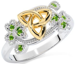 Peridot Gold Silver Shamrock Celtic Trinity Knot Ring