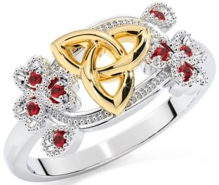 Ruby Gold Silver Shamrock Celtic Trinity Knot Ring