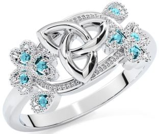 Aquamarine White Gold Shamrock Celtic Trinity Knot Ring