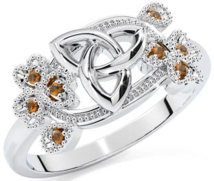 Citrine White Gold Shamrock Celtic Trinity Knot Ring