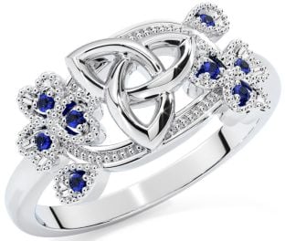 Sapphire White Gold Shamrock Celtic Trinity Knot Ring