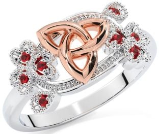 Ruby White Rose Gold Shamrock Celtic Trinity Knot Ring