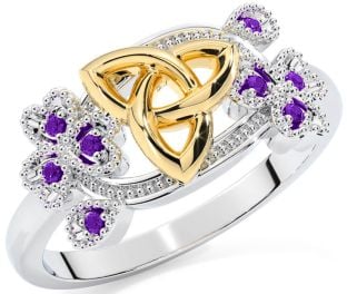 Amethyst White Yellow Gold Shamrock Celtic Trinity Knot Ring