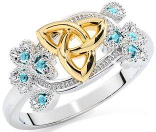 Aquamarine White Yellow Gold Shamrock Celtic Trinity Knot Ring