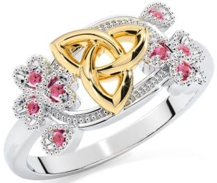 Pink Tourmaline White Yellow Gold Shamrock Celtic Trinity Knot Ring