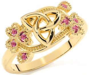 Pink Tourmaline Gold Shamrock Celtic Trinity Knot Ring