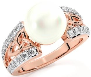 Diamond Rose Gold Celtic Trinity Knot Pearl Ring
