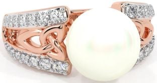Diamond Rose Gold Celtic Trinity Knot Pearl Ring