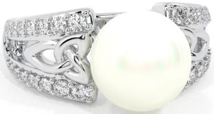 Diamond White Gold Celtic Trinity Knot Pearl Ring