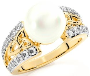 Diamond Gold Celtic Trinity Knot Pearl Ring