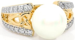 Diamond Gold Celtic Trinity Knot Pearl Ring