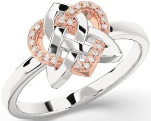 Diamond Rose Gold Silver Celtic Trinity Knot Heart Ring