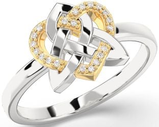Diamond White Yellow Gold Celtic Trinity Knot Heart Ring