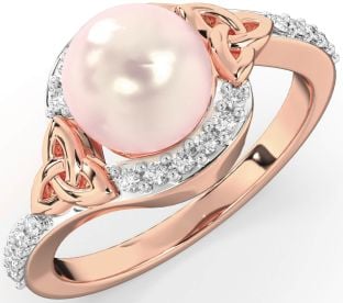 Diamond Rose Gold Celtic Trinity Knot Pearl Ring