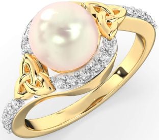 Diamond Gold Celtic Trinity Knot Pearl Ring