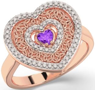 Diamond Amethyst Rose Gold Silver Celtic Trinity Knot Heart Ring