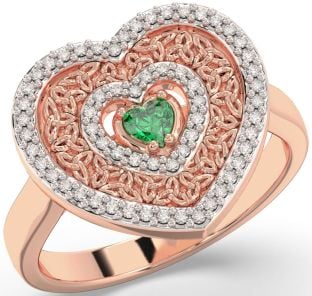 Diamond Emerald Rose Gold Silver Celtic Trinity Knot Heart Ring