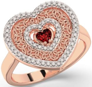 Diamond Garnet Rose Gold Silver Celtic Trinity Knot Heart Ring