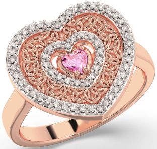 Diamond Pink Tourmaline Rose Gold Silver Celtic Trinity Knot Heart Ring