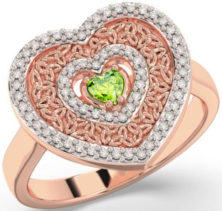 Diamond Peridot Rose Gold Silver Celtic Trinity Knot Heart Ring