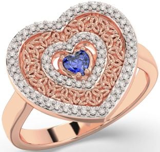 Diamond Sapphire Rose Gold Silver Celtic Trinity Knot Heart Ring