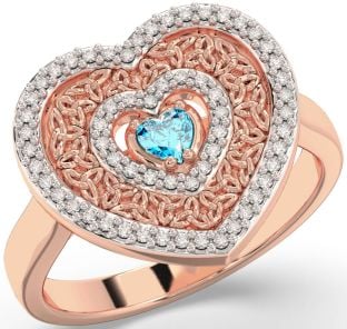 Diamond Topaz Rose Gold Silver Celtic Trinity Knot Heart Ring