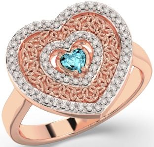 Diamond Aquamarine Rose Gold Celtic Trinity Knot Heart Ring